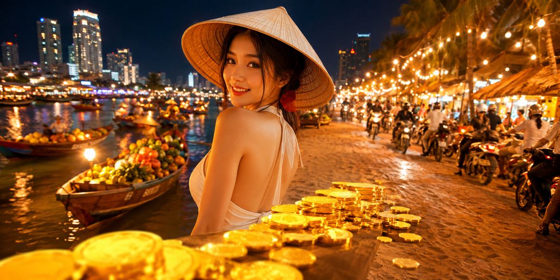 Người phụ nữ Việt Nam đội nón lá thư giãn tại Hồ Chí Minh, chơi game điều độ và có trách nhiệm